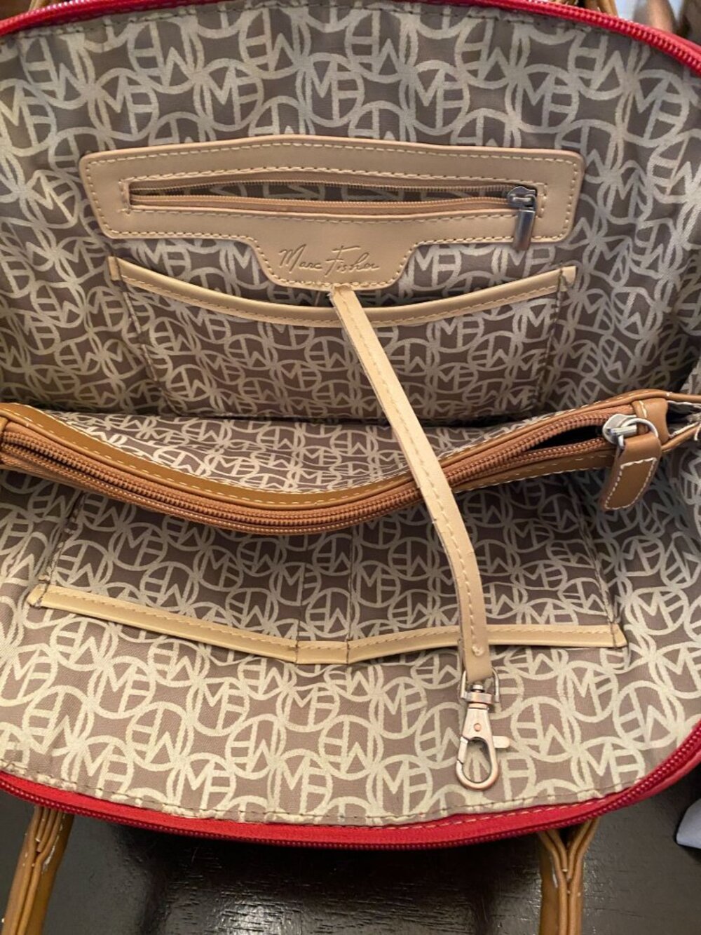 Marc Fisher Red Satchel Bag Black Bottom Structured Handbag Zip Top - Picture 6 of 10